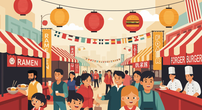 Diverse crowd enjoying a vibrant street food festival.