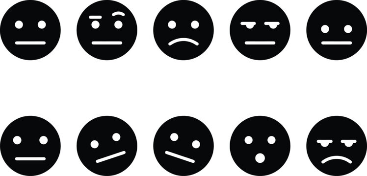 Minimalist emoji icon set, 10 black circle face avatars with various expressions, flat vector emoticons for user feedback and interface design