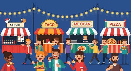 Naklejka premium Diverse Group of People Enjoying Outdoor Food Stalls.