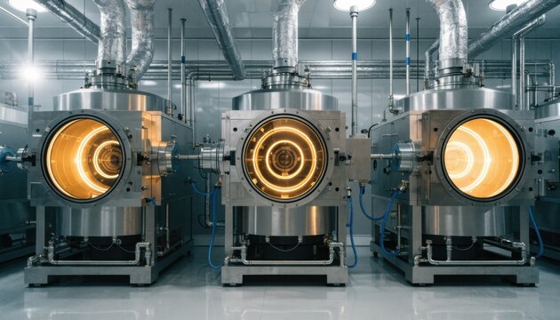 Medium shot of LPCVD reactors lined up in a cleanroom showcasing hightemperature deposition of uniform thin films on semiconductor wafers.