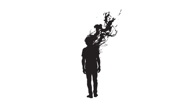 Human figure appears as a black silhouette with ink smoke swirling and rising from the head area.
