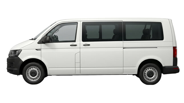 White passenger van side view isolated on transparent background for transport