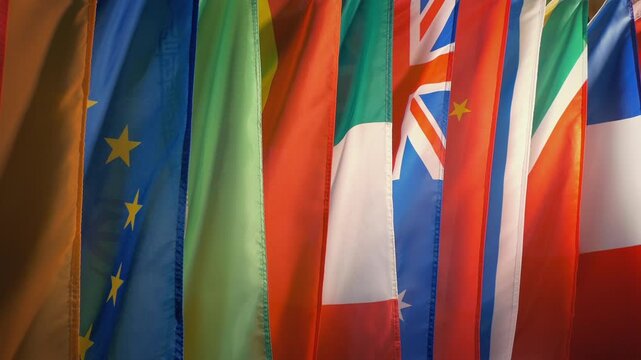 Flags Of Many Countries Moving Shot