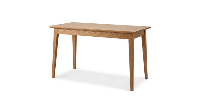 Light wood dining table with four legs, minimalist neutral background, brown