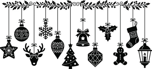 Festive Christmas Garland Silhouette with Hanging Ornaments Including Stars, Trees, Reindeer, Bells, and Snowflakes for Holiday Decoratio © Amatullah Nasrin