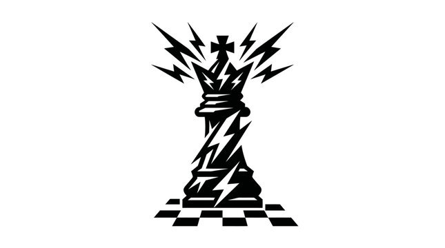 A black and white illustration of a chess king piece with lightning bolts.