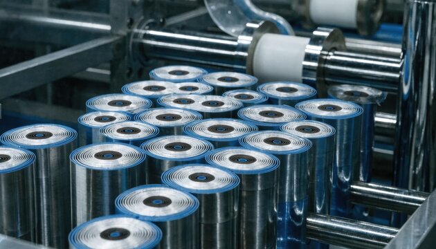 Medium shot of small radial capacitor cores showing precise rolling of anode separator and cathode foils into compact cylindrical elements in a clean manufacturing environment.