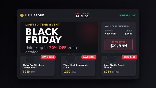 Black friday ecommerce UI dashboard interface. Dark modern sale promotion animating. Digital online shopping layout with sliding discount badges and updating checkout savings