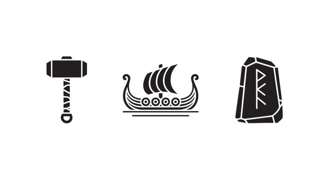 Norse Mythology Icons Set: Mj&ouml;lnir, Viking Ship & Runestone for Cultural Concepts