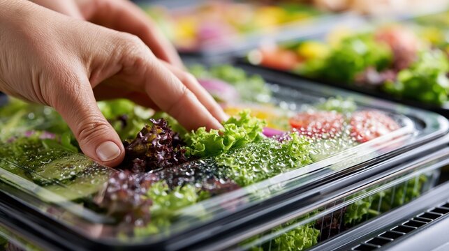 Closeup of fingers carefully picking a prepackaged salad from a refrigerated section condensation droplets on lid emphasized background softened to highlight freshness in a minimal