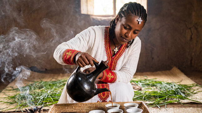 Ethiopian coffee ceremony woman hostess traditional East African portrait cultural ritual authentic heritage identity roasting incense jebena hospitality community gathering warmth ancestral pride