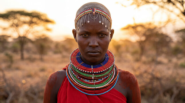 Kenyan Samburu tribal woman warrior East African portrait beaded jewelry traditional culture identity indigenous heritage authentic colorful pride nomadic pastoral fierce beautiful Kenya vibrant