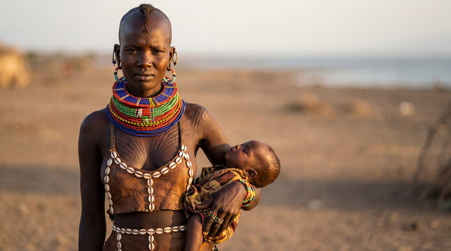 Kenyan Turkana woman tribal scarification East African indigenous portrait traditional culture identity body art dark skin authentic heritage proud nomadic pastoral ritual ethnic adult female beaded