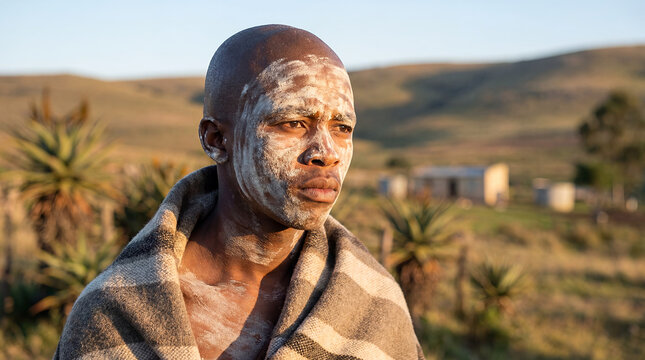 South African Xhosa initiation young man white clay Ulwaluko rite of passage portrait traditional culture indigenous heritage manhood ceremony authentic pride identity ancestral ritual ethnic