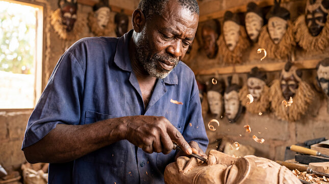 Ivorian Ivory Coast mask carver traditional West African craftsman portrait cultural heritage artisan wooden mask ritual art indigenous identity ancestral craft authentic skill ethnic adult male