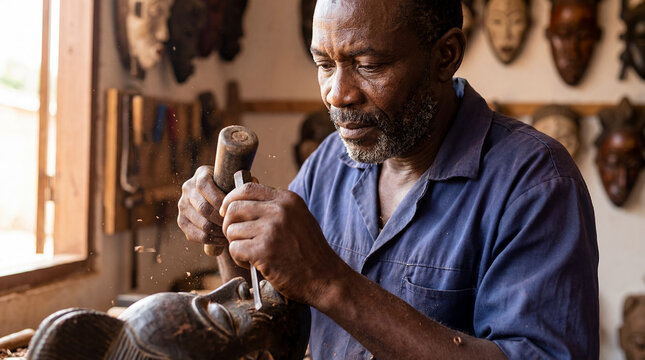 Ivorian Ivory Coast mask carver traditional West African craftsman portrait cultural heritage artisan wooden mask ritual art indigenous identity ancestral craft authentic skill ethnic adult male