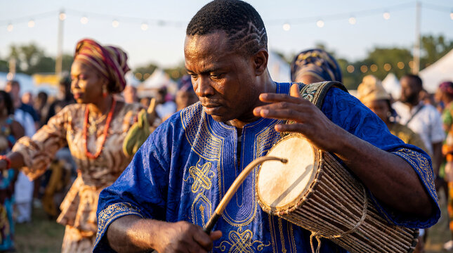 Yoruba Nigerian drummer traditional West African musician portrait cultural celebration music ritual heritage authentic identity ancestral rhythm beat drumming ceremony ethnic vibrant adult male