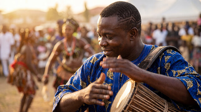 Yoruba Nigerian drummer traditional West African musician portrait cultural celebration music ritual heritage authentic identity ancestral rhythm beat drumming ceremony ethnic vibrant adult male