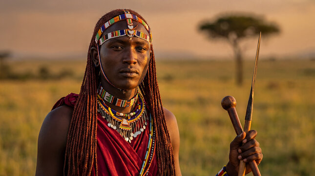 Tanzanian Maasai young warrior moran traditional East African tribal portrait red shuka spear beaded jewelry fierce proud cultural heritage identity authentic ancestral Kenya ethnic athletic male