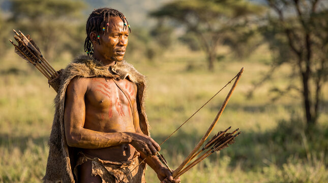 Tanzanian Hadzabe hunter man traditional bushcraft East African indigenous hunter gatherer portrait ancient tribal culture authentic heritage survival identity nomadic proud Rift Valley ethnic male