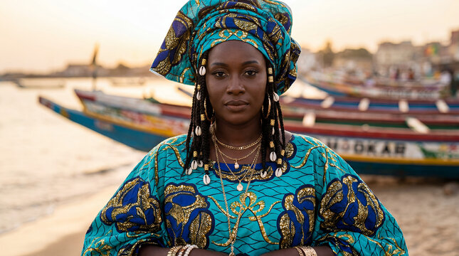 Wolof Senegalese woman West African traditional portrait colorful headwrap fabric beauty dark skin cultural identity heritage authentic Senegal proud vibrant dignified smile female adult gele ethnic