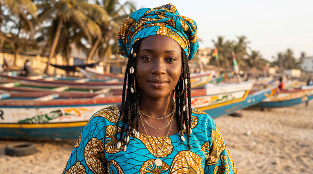 Wolof Senegalese woman West African traditional portrait colorful headwrap fabric beauty dark skin cultural identity heritage authentic Senegal proud vibrant dignified smile female adult gele ethnic