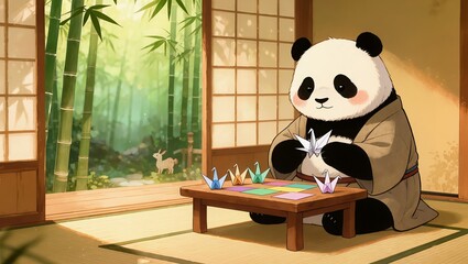 Fototapeta premium Cute panda wearing a kimono folding origami cranes inside a traditional Japanese room, digital art