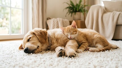 Naklejka na ściany i meble Kitten resting on golden retriever sleeping pets in a living room