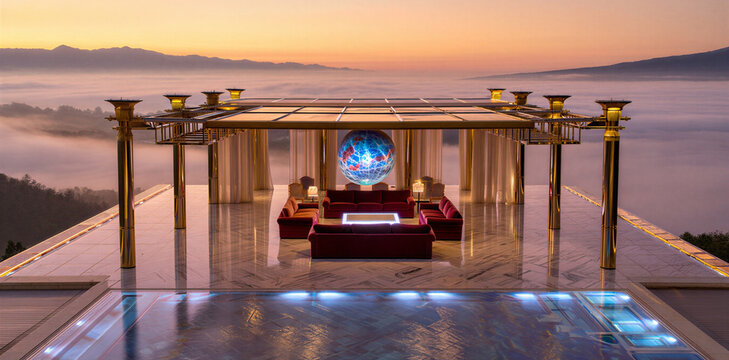 Luxury pavilion with infinity pool overlooking misty valley at sunrise pavilion infinity architecture landscape relaxing vacation destination peaceful serenity tranquil atmosphere mountain