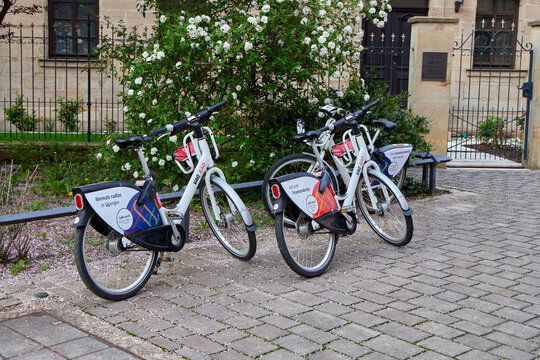 VAG Rad rental bicycles parked in a row on a paved sidewalk next to green flowering bushes.