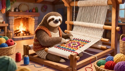 Fototapeta premium Cute sloth weaver in a vest working on a wooden loom, weaving a colorful rug in a cozy workshop with a fireplace, 3d render