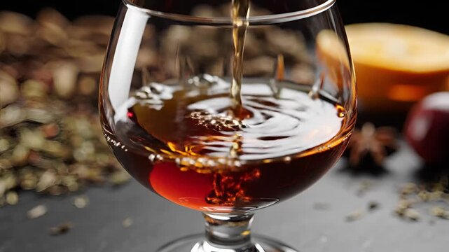 Amber liquid pouring into a brandy snifter glass with coffee beans and spices.