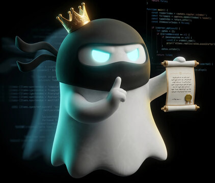 Cute 3D ninja ghost with a crown making a silent gesture holding a sealed scroll.