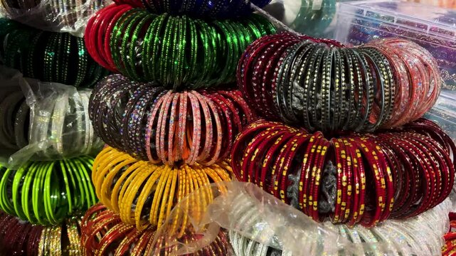 colorful traditional indian bangles display in local street market close up