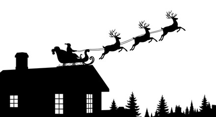 Santa claus sleigh ride over house silhouette at christmas time with reindeer © Pabitra