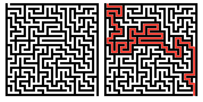 Labyrinth game grid, vector illustration style, black and red on white, puzzle solution visualization with solved path highlighted, educational brain teaser with copy space