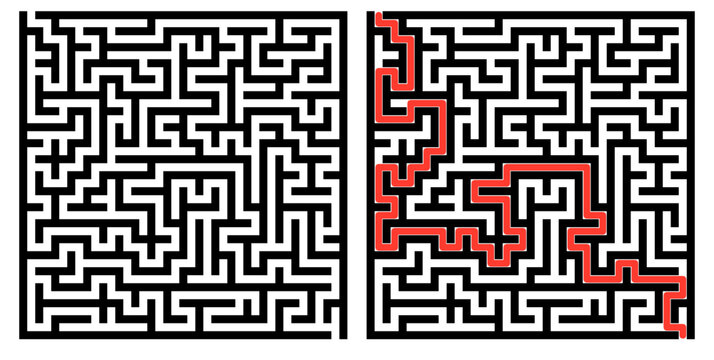Labyrinth game grid, vector illustration style, black and red on white, puzzle solution visualization with solved path highlighted, educational brain teaser with copy space