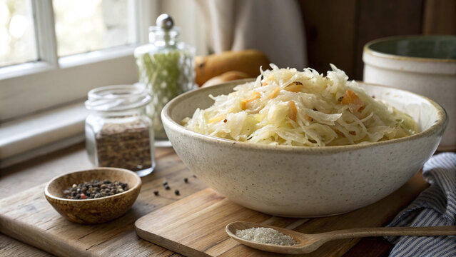 Photorealistic sauerkraut in wide rustic ceramic bowl shredded cabbage brine caraway seeds vintage wooden cutting board soft daylight