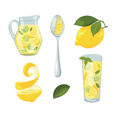 Flat vector lemon drink collection with lemonade pitcher, citrus zest, fresh lemon fruit, mint beverage and spiral peel isolated illustration set © Universe Mary
