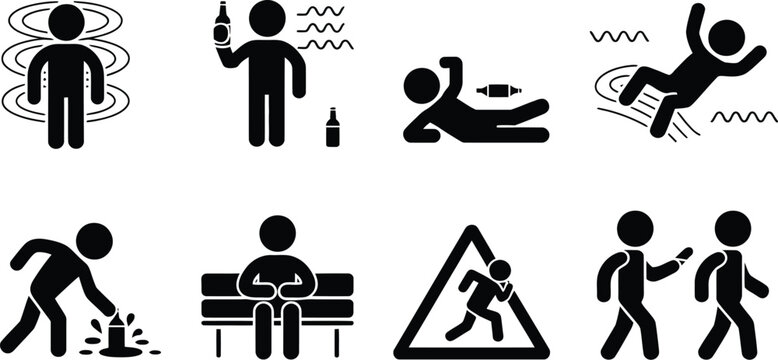 Alcohol, intoxication icons, drunk men and women falling vomiting and showing negative behavior effects for health awareness and safety design