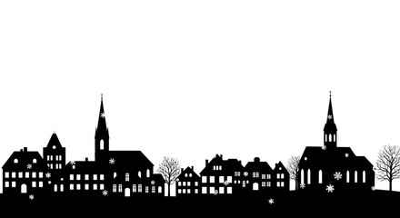 Naklejka premium Black silhouette of a snowy town with church steeples and bare trees on a white background