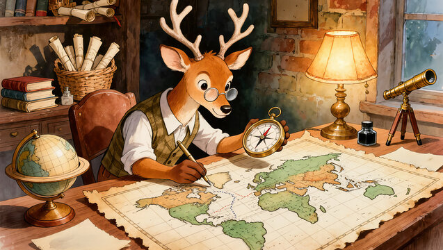Cute deer cartographer in glasses drawing a route on a world map with a compass and pen in a vintage study, watercolor style