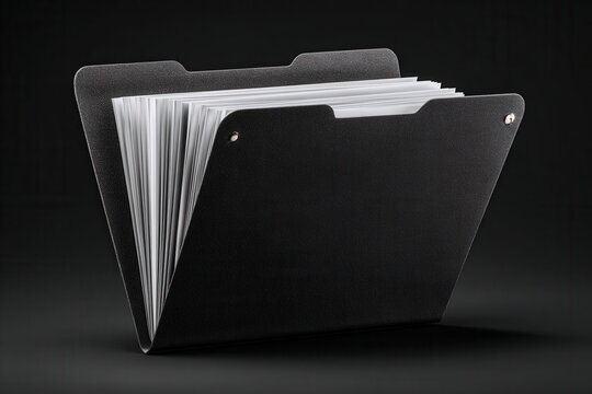 Black document folder filled with papers on dark background