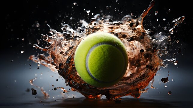 Tennis ball splashing into dark liquid with dirt and debris dynamic action athletic