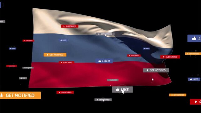 CGI tricolor flag waving on black while badges entering frame, cursor clicking, showing engagement