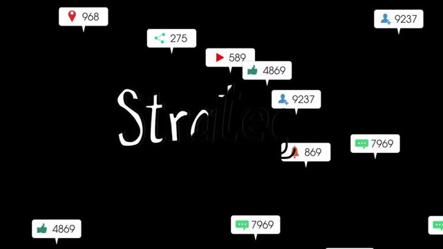 Strategy word forming while badges entering edges and clustering to show social counts on black