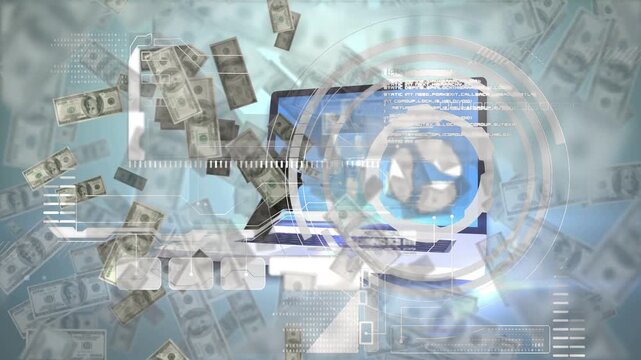 Laptop screen appearing, HUD ring rotating, bills drifting, UI panels sliding, visualizing finance