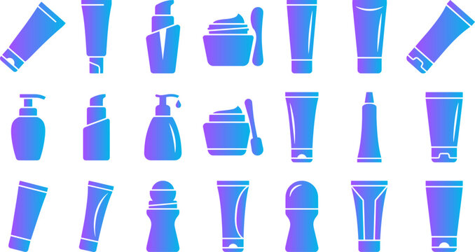 Collection of cosmetic tubes and rollerball bottles skincare product packaging gradient.