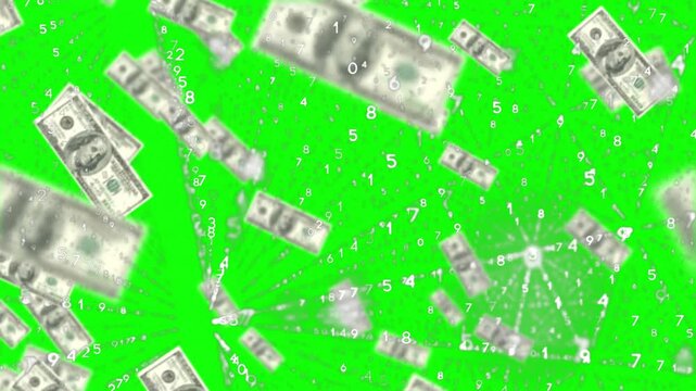 Gray bills and digits spiraling rotating shrinking inward on burst, forming numeric tunnel on green