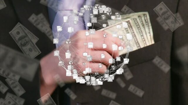 Net icons fading while hands tucking cash into pocket, forming rotating sphere showing safe flow